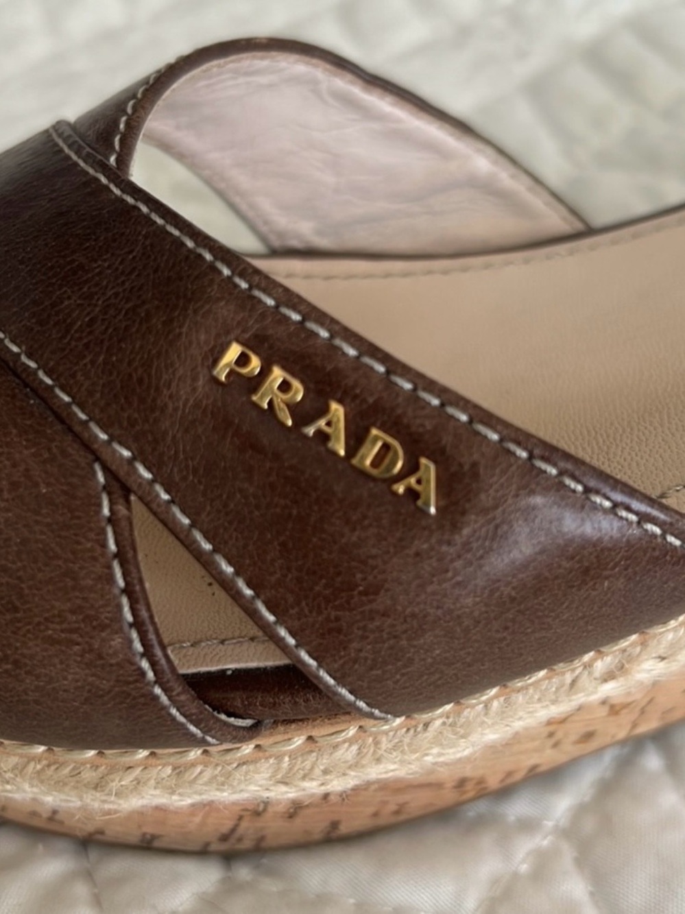 Prada Brown Leather Cork Wedge Sandals with Gold Buckle - Picture 5 of 9